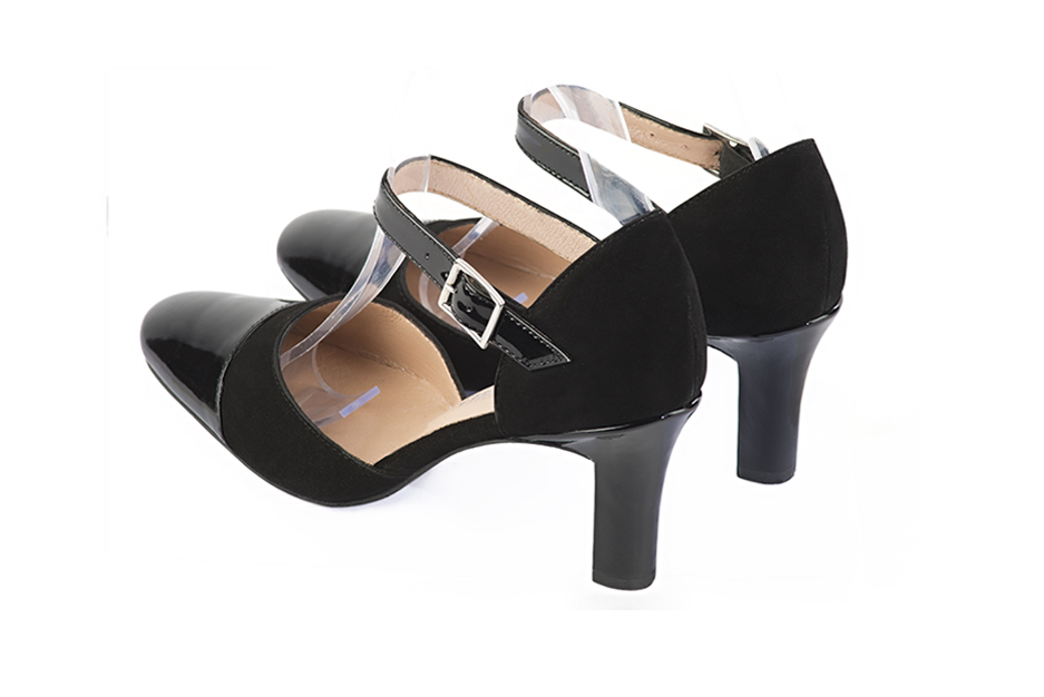 Women's gloss black and matt black elegant closed-back heels, with an instep strap. Round toe. High kitten heels - Rear view